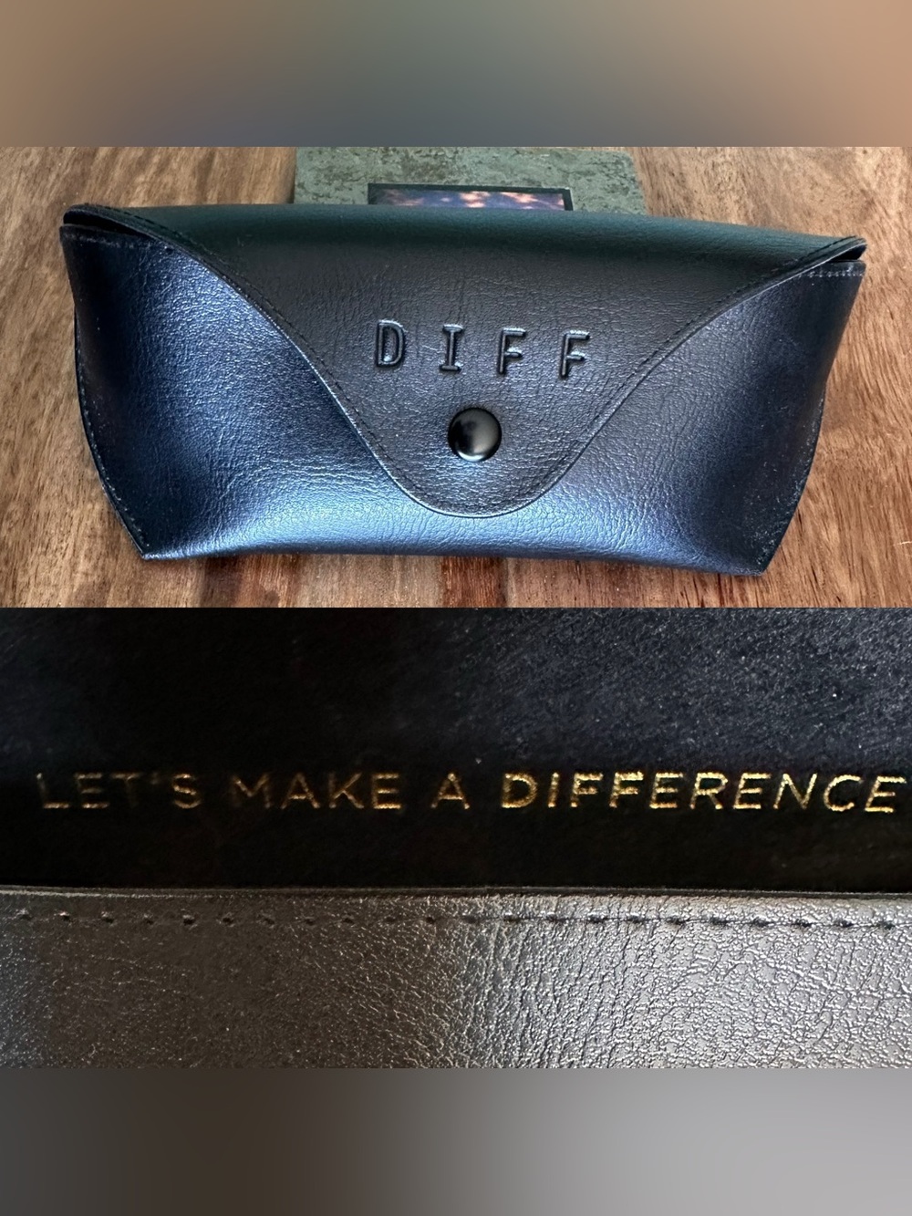 Black DIFF Let’s Make A Difference sunglasses or eyeglass case. Snap closes